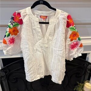 THML White Blouse with Colorful Floral Sleeves